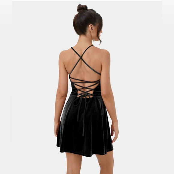HALARA Criss‎ Cross Back Mini Lace Up Velvet Short Dress Green Pickleball Active - Picture 2 of 10